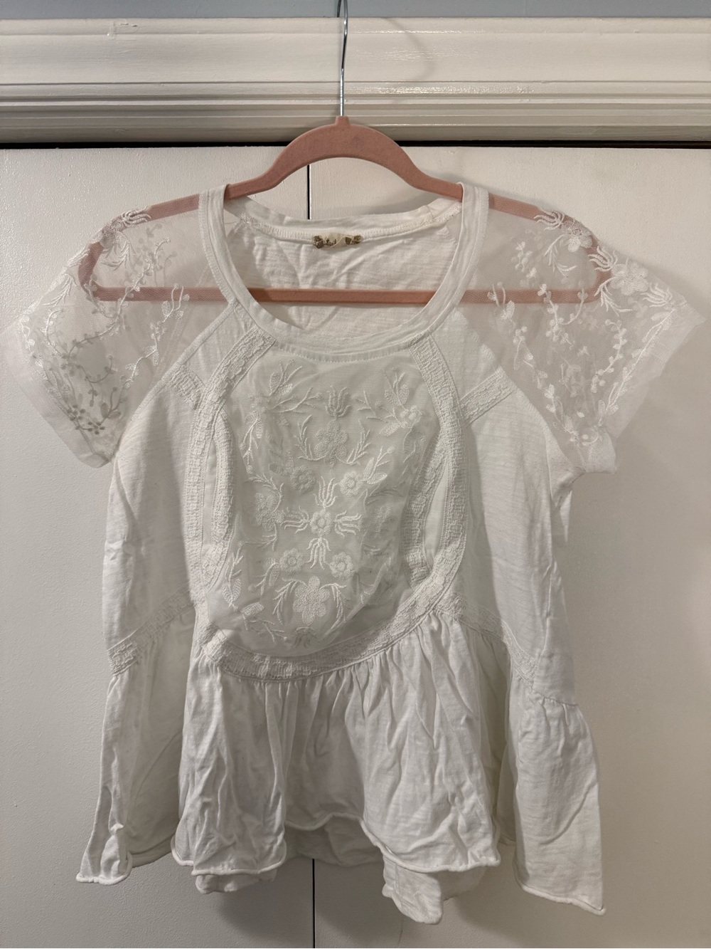Altar'd State White Embroidered Lace Sleeve Peplum Top